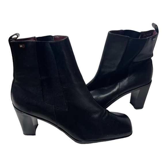 Tommy Hilfiger Shoes - Tommy Hilfiger Square Toe Block Heel Leather Black Short Leather Boots Size 10M
